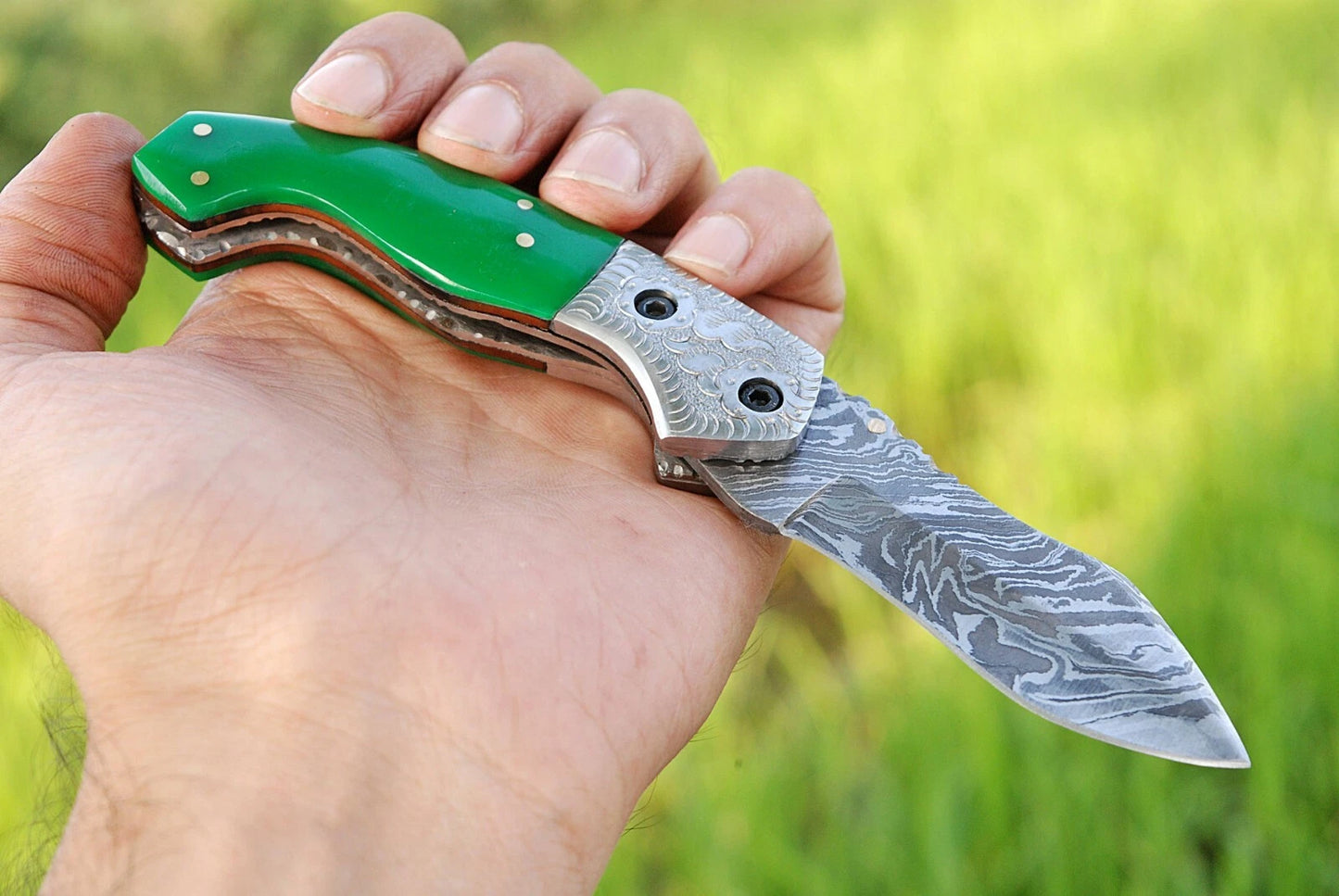 Handmade Damascus Steel Folding Pocket Knife – 512 Layers Camping & EDC Knife with Leather Pouch 1334