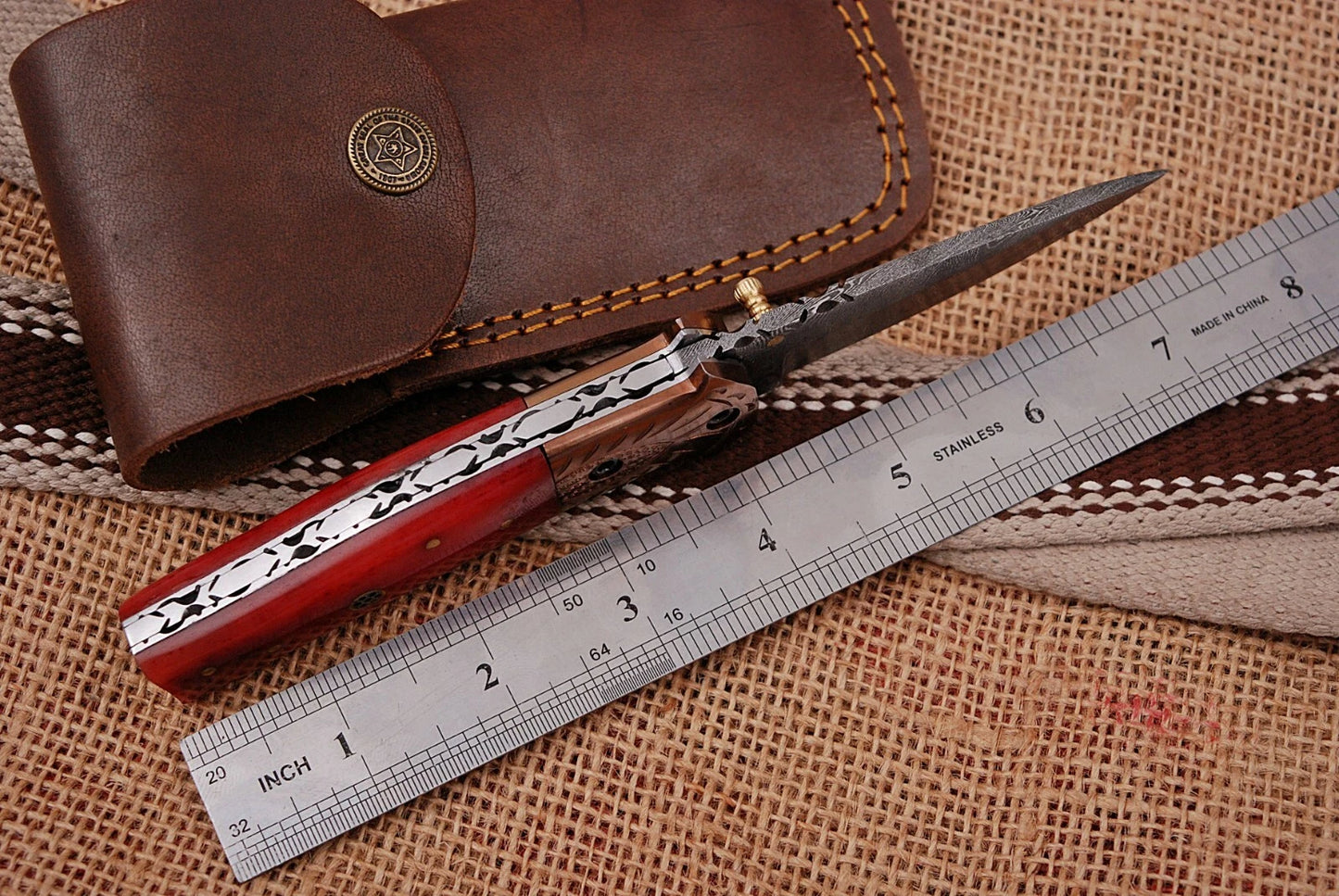 Handmade 512-Layer Damascus Steel Folding Pocket Knife with Bone & Copper Bolster Handle – Leather Sheath