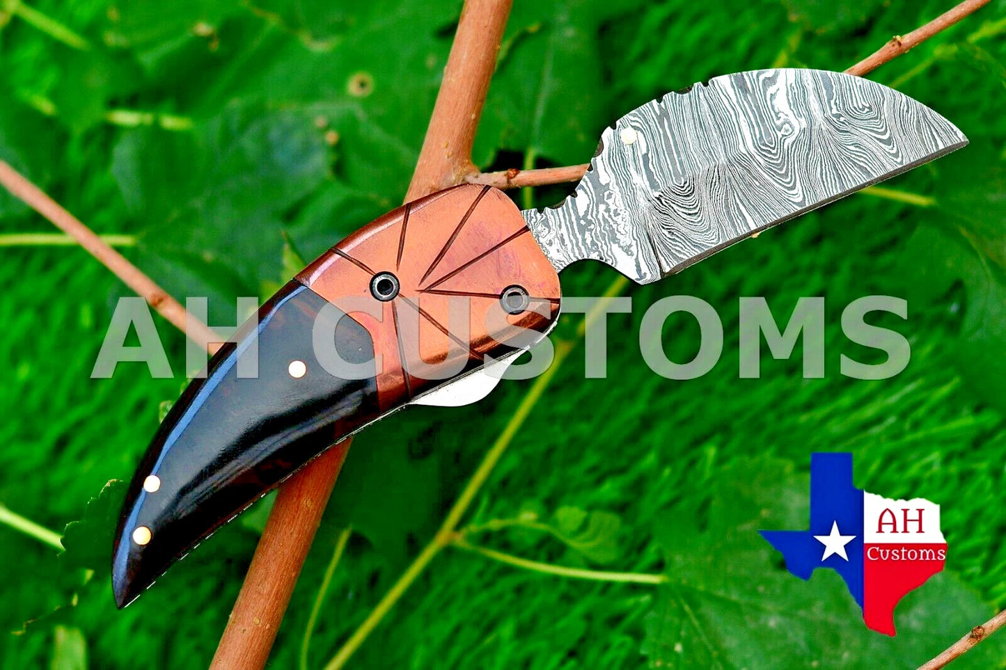 Handmade 512-Layer Damascus Steel Folding Pocket Knife with Resin & Copper Bolster Handle and Leather Sheath
