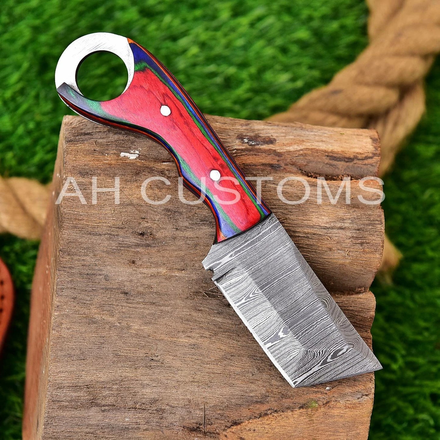 Custom Hand-Forged Damascus Steel Compact Utility Tool with Wood Handle – 512 Layers Handmade Collectible with Leather Sheath