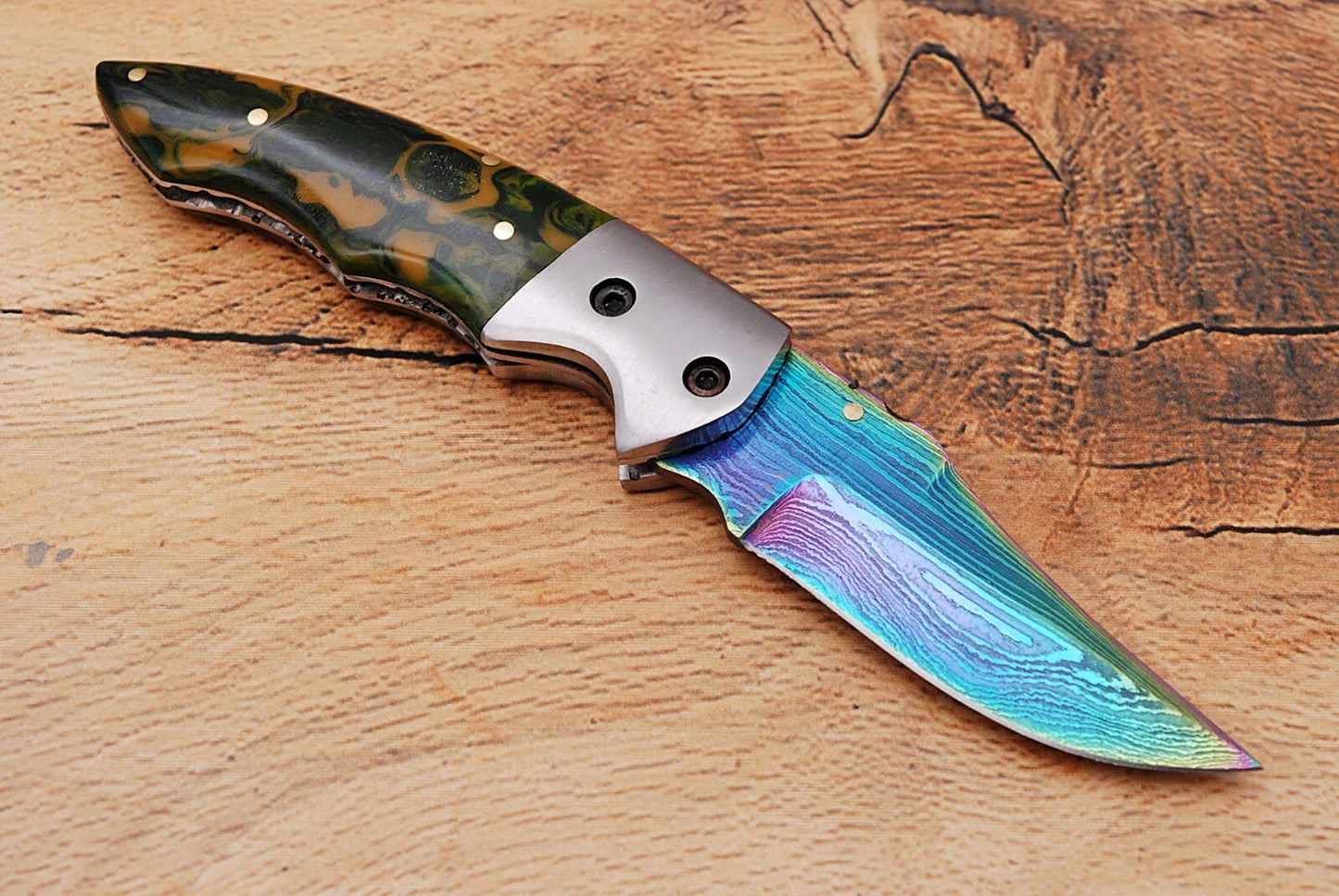 Handmade 512-Layer Damascus Steel Folding Pocket Knife with Resin Handle & Leather Sheath