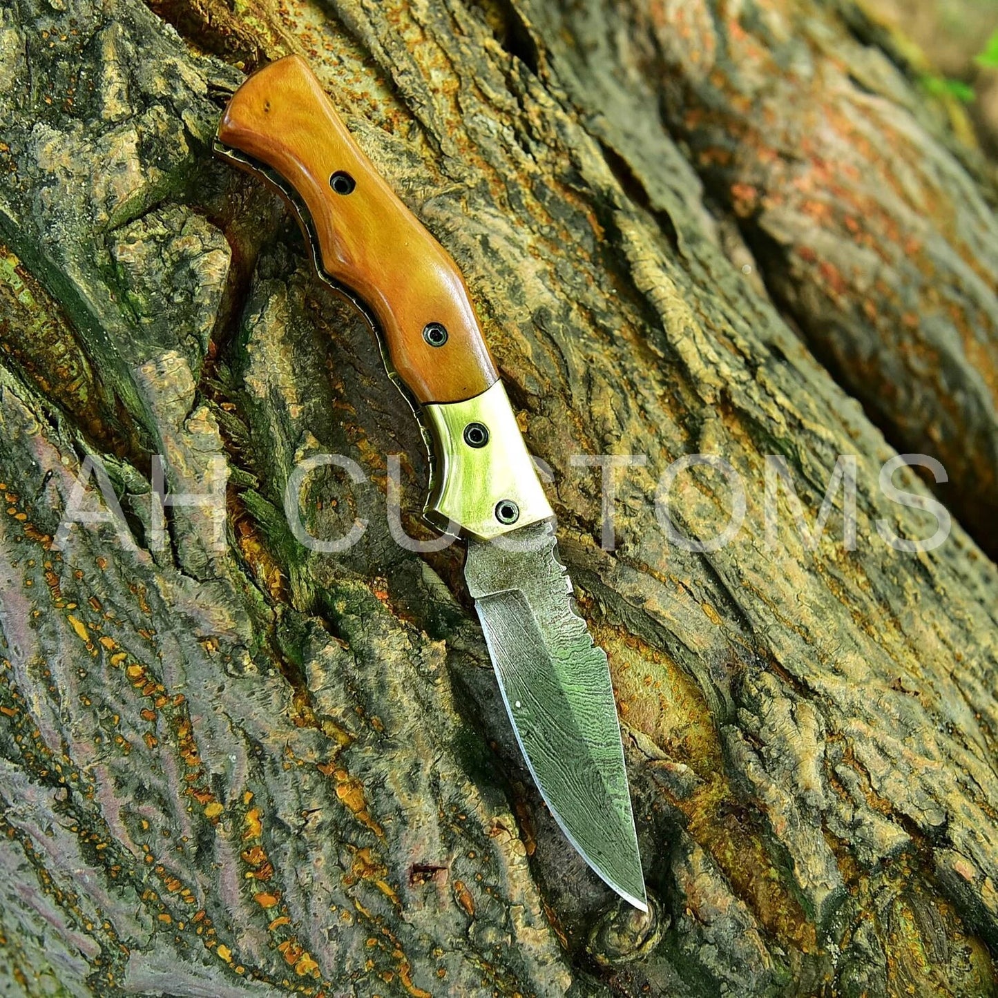 Premium Handmade Damascus Steel Folding Pocket Knife – Olive Wood & Brass Bolster Handle | 512 Layers | Leather Sheath Included 2349