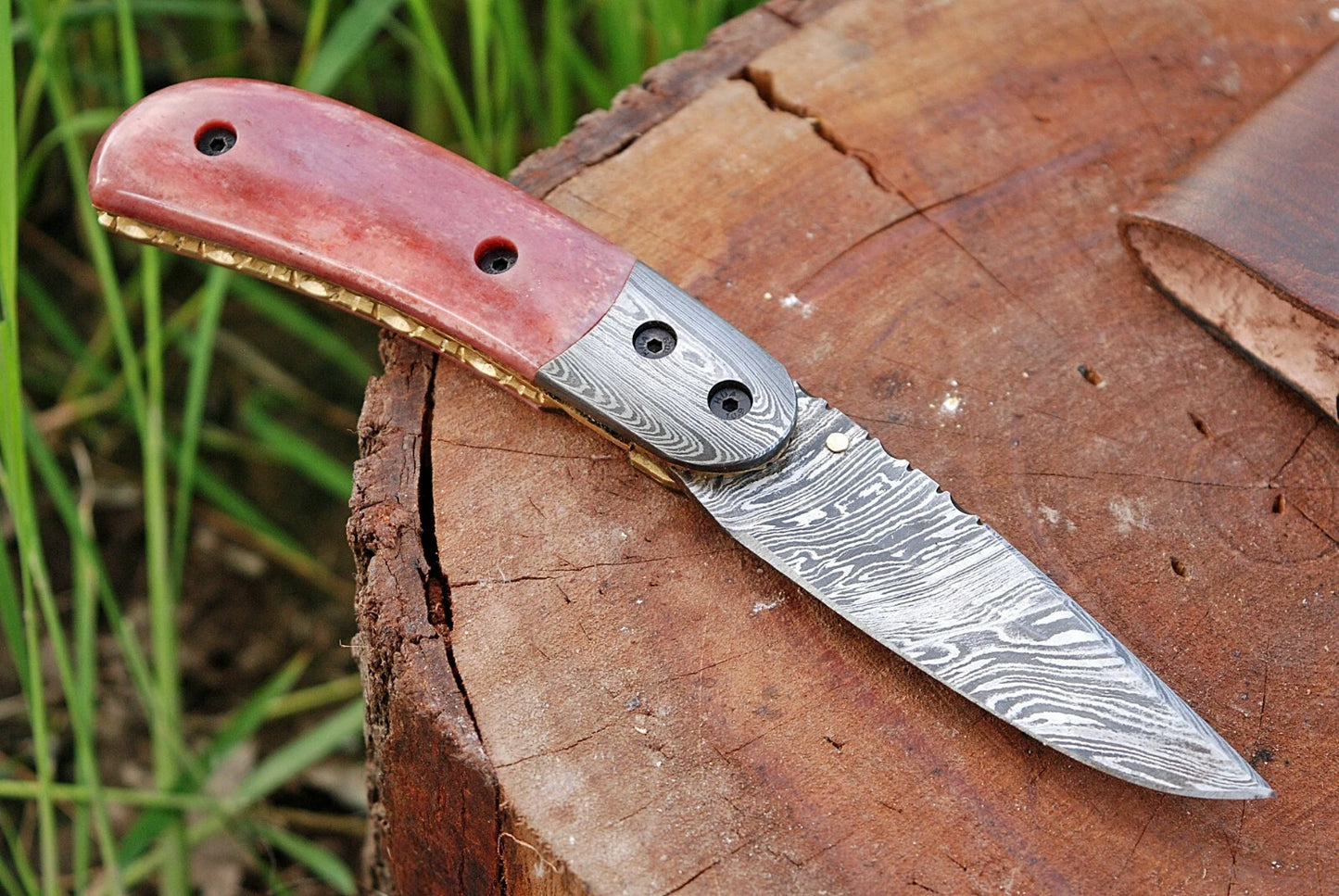 Custom Handmade Damascus Steel Folding Pocket Knife – 512 Layers Camping & EDC Knife with Leather Sheath