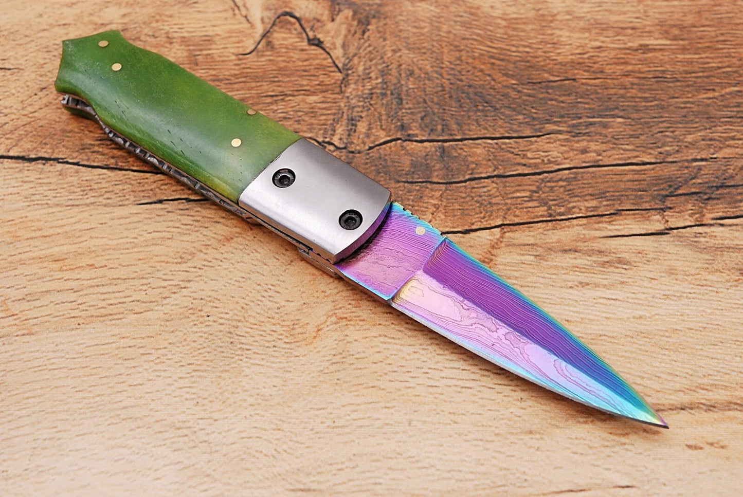 Handmade 512-Layer Damascus Steel Folding Pocket Knife with Bone Handle & Leather Sheath
