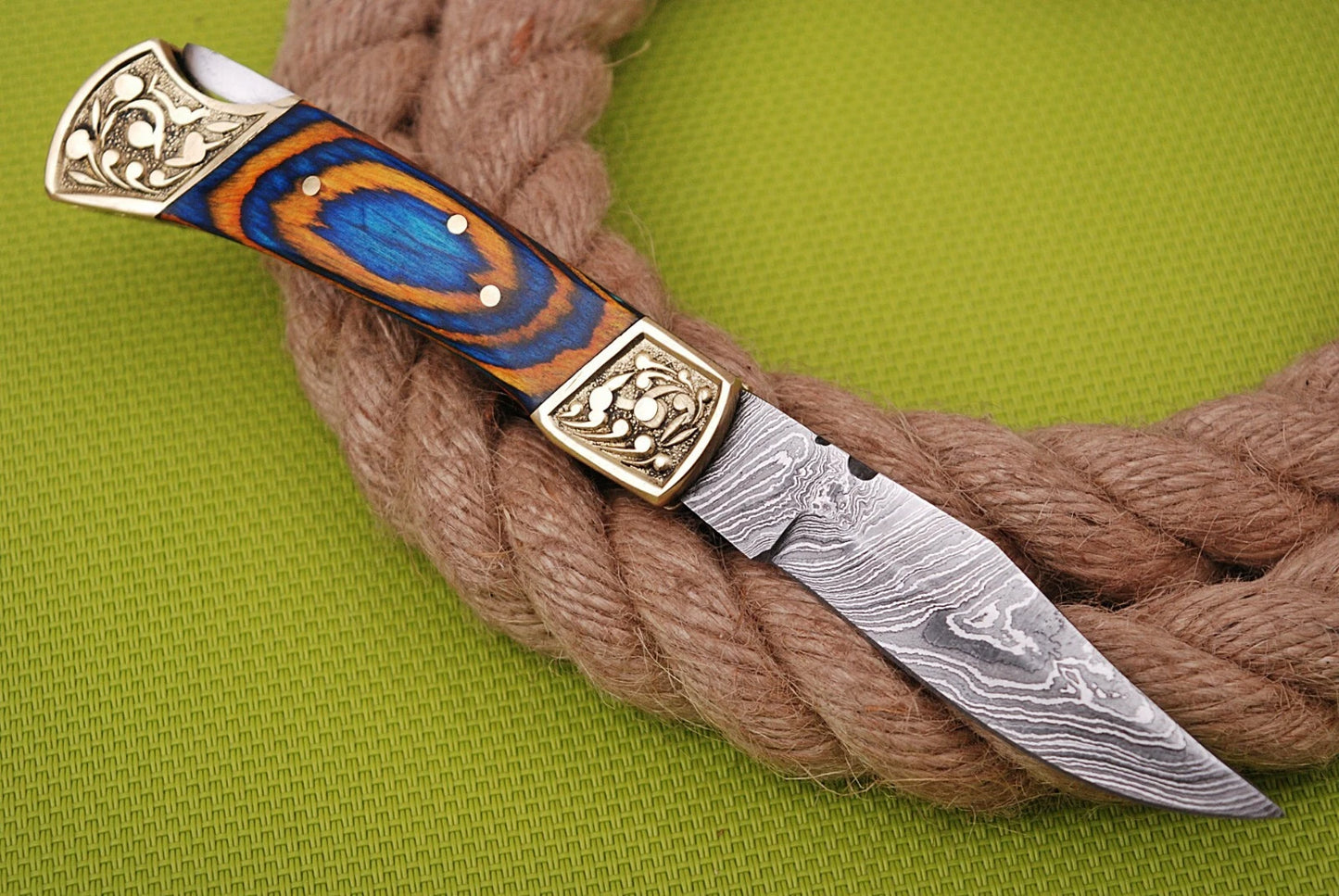 Custom Hand Forged Damascus Steel Folding Pocket Knife with Wood Handle – 512 Layers EDC Camping Knife with Leather Sheath 1067