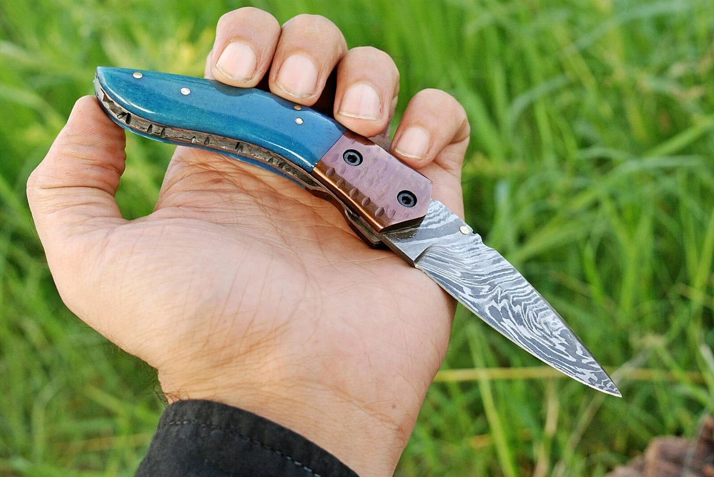 Handmade 512-Layer Damascus Steel Folding Pocket Knife with Camel Bone & Copper Bolster Handle – Leather Sheath