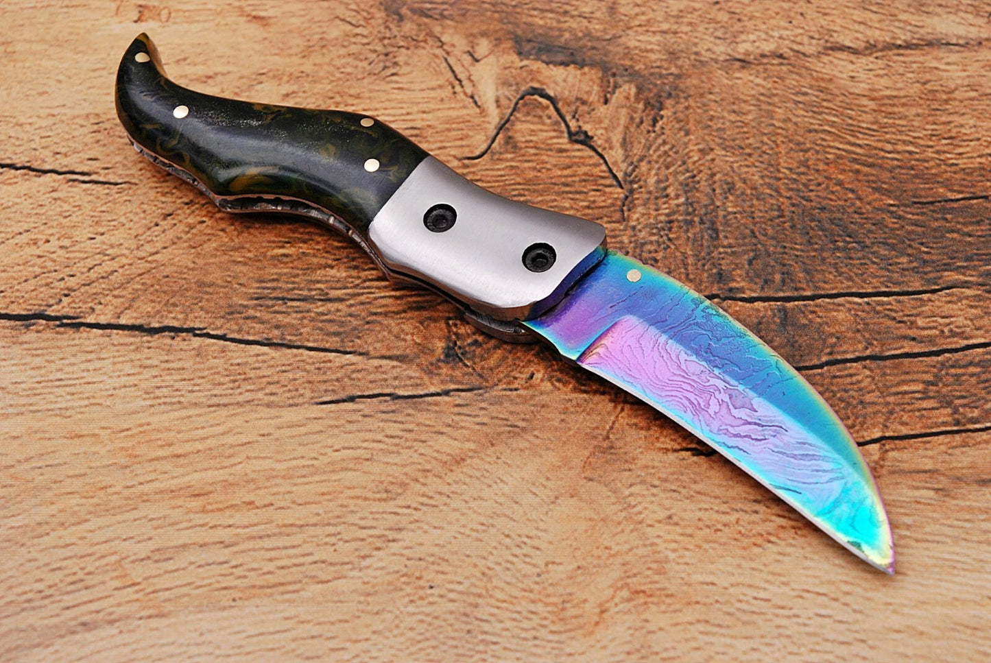 Handmade 512-Layer Damascus Steel Folding Pocket Knife with Resin Handle & Leather Sheath