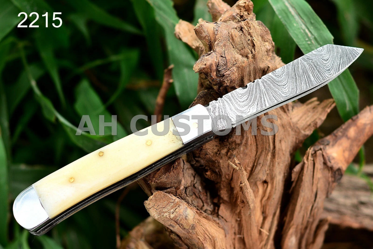 Custom Handmade 512-Layer Damascus Steel Double Blade Trapper Folding Pocket Knife with Camel Bone Handle