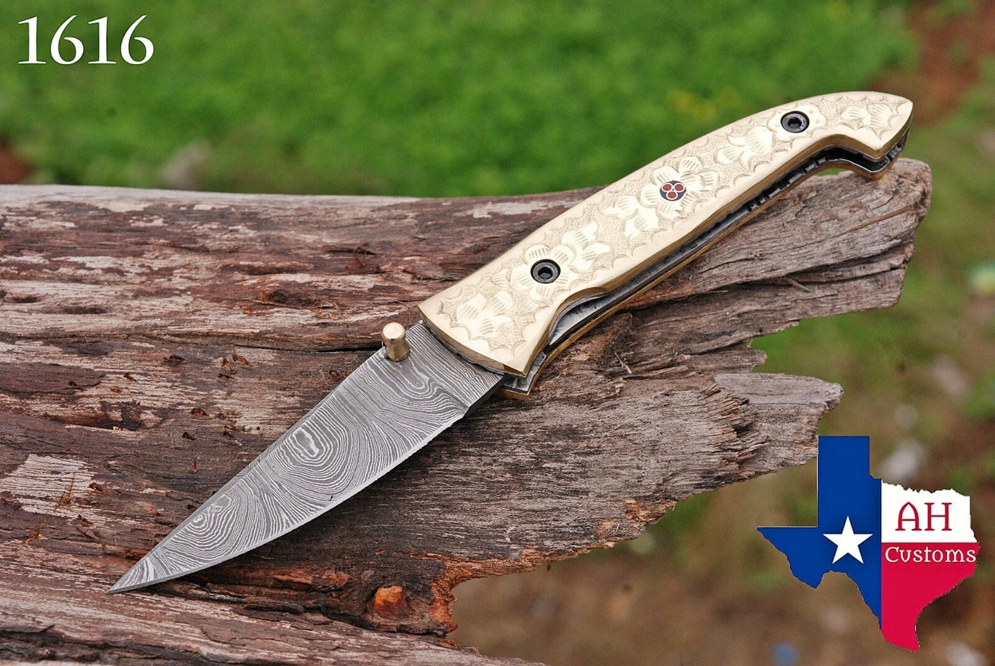 Hand Forged Damascus Steel Folding Pocket Knife with Brass Engraved Handle – 512 Layers EDC Knife with Leather Sheath