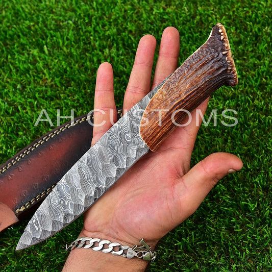 Hand Forged Damascus Steel Hunting Knife Groomsmen Gift Anniversary Gift For Him Everyday Carry Knife With Stag Horn Crown Antler Horn Handle 2311