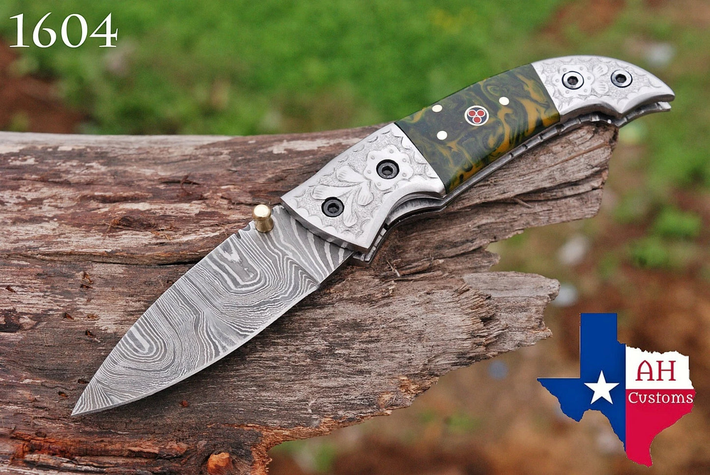 Premium Hand-Forged Damascus Folding Pocket Knife – Engraved Bolster Handle | 512 Layers | Leather Sheath Included