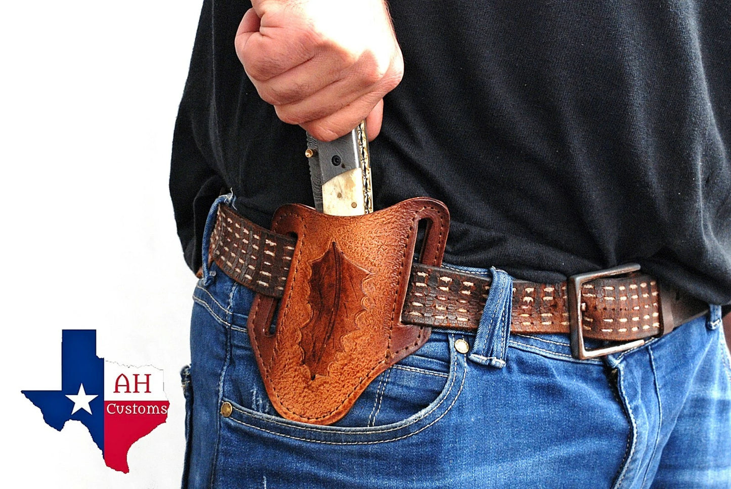Handmade Engraved Leather Horizontal Sheath for Folding Pocket Knife – Universal 5 Inch Cover