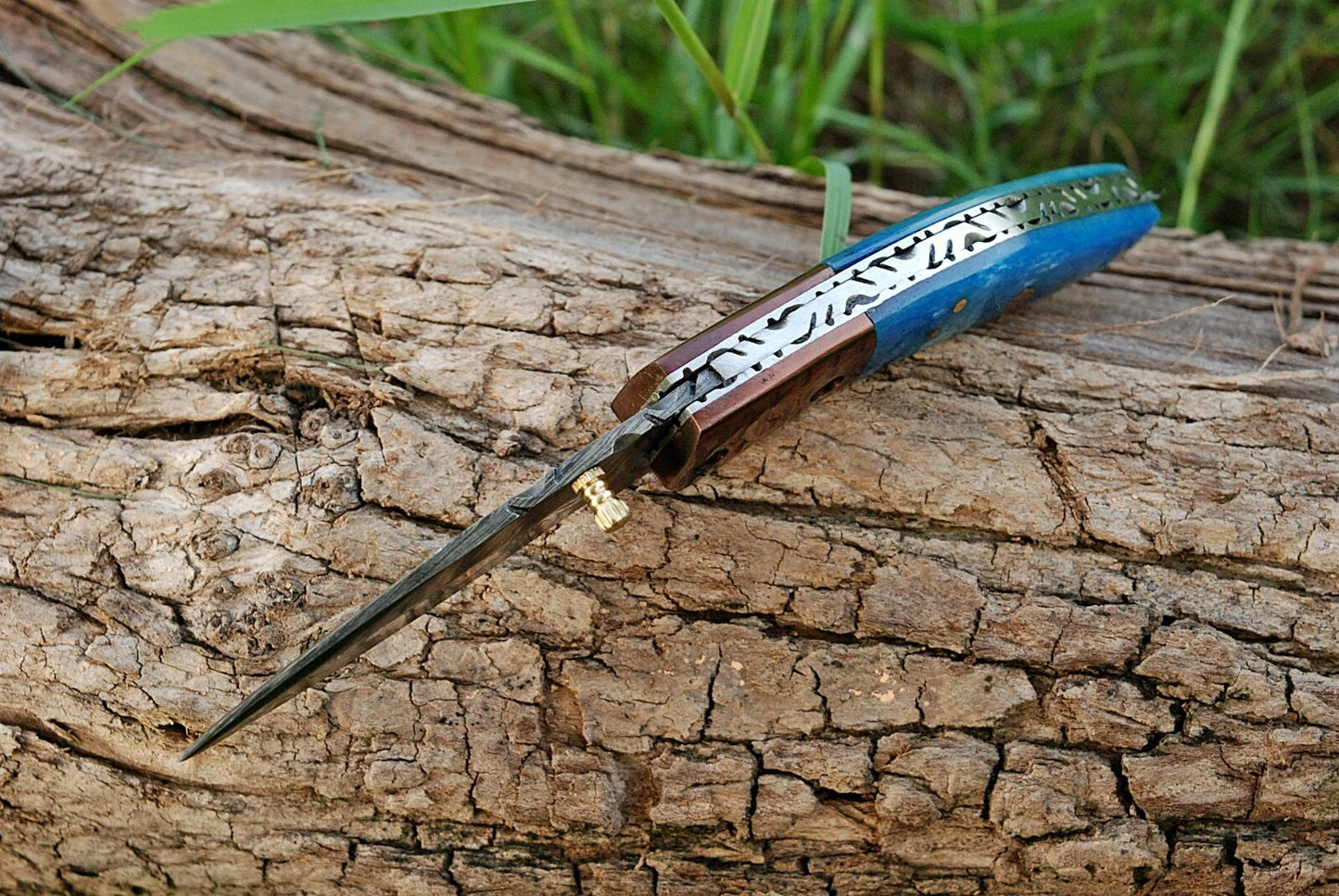 Handmade 512-Layer Damascus Steel Folding Pocket Knife with Camel Bone & Copper Bolster Handle – Leather Sheath