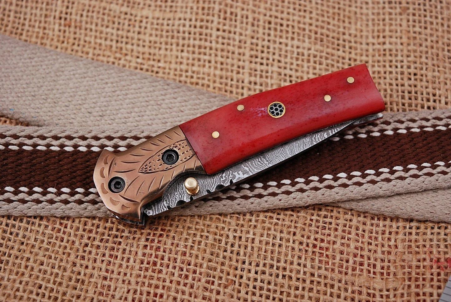 Handmade 512-Layer Damascus Steel Folding Pocket Knife with Bone & Copper Bolster Handle – Leather Sheath