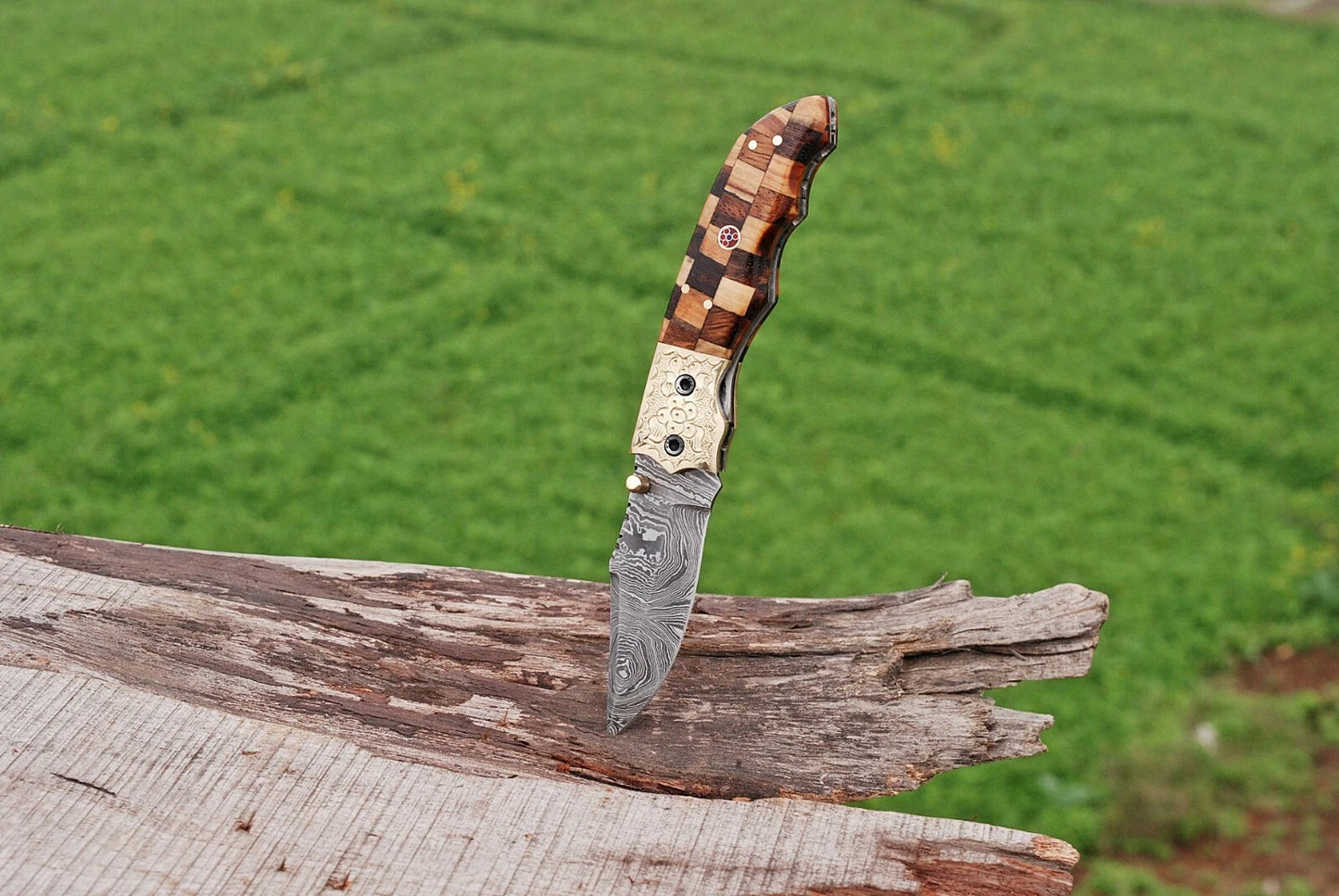 Hand Forged Damascus Steel Folding Pocket Knife with Wood & Bolster Handle – 512 Layers EDC Knife with Leather Sheath 1597