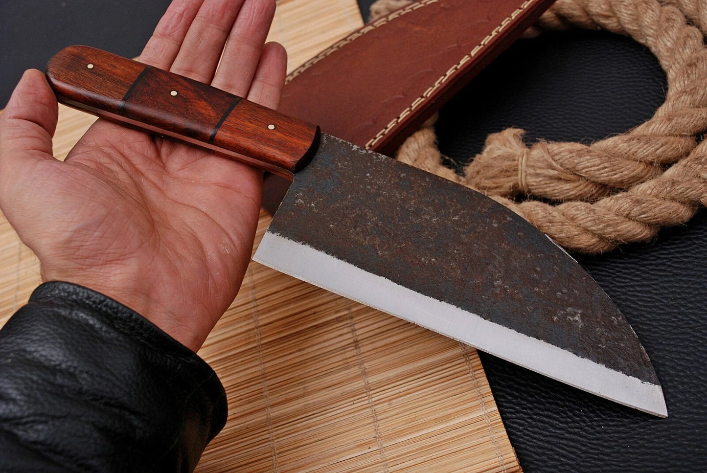 Handmade Railroad Spike High Carbon Steel Meat Cleaver Knife with Wood Handle – Forged 1095 Steel Kitchen Cleaver with Leather Sheath