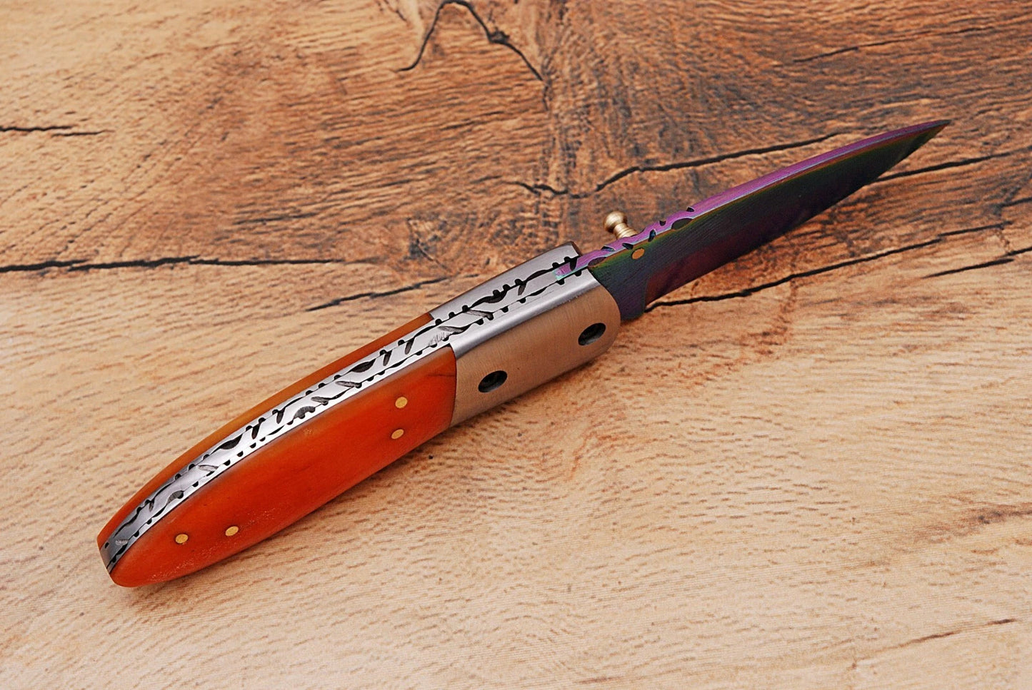 Handmade 512-Layer Damascus Steel Folding Pocket Knife with Bone Handle & Leather Sheath