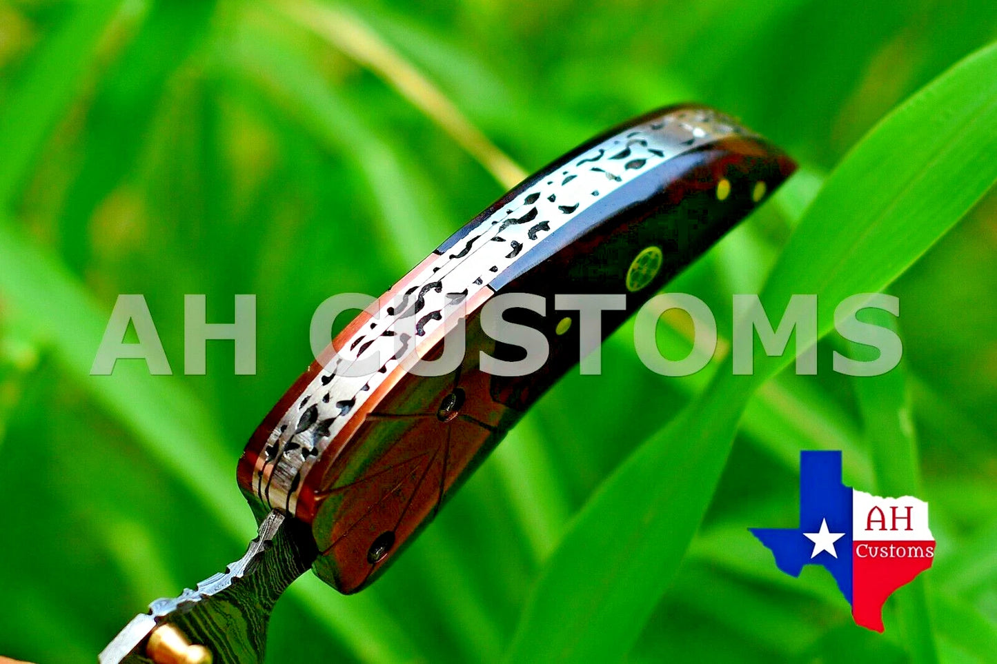 Handmade 512-Layer Damascus Steel Folding Pocket Knife with Resin & Copper Bolster Handle and Leather Sheath