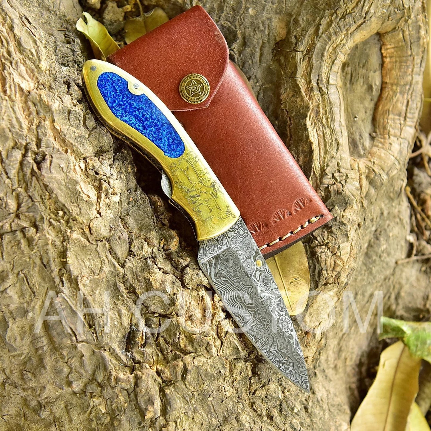 Custom Handmade Damascus Steel Folding Pocket Knife with Brass Handle – 512 Layers EDC Knife with Leather Sheath