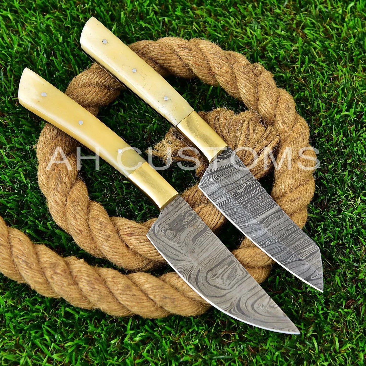Handmade Damascus Steel Steak Knife Kitchen Set with Bone & Brass Handle – 512 Layers Twist Pattern Chef Knives