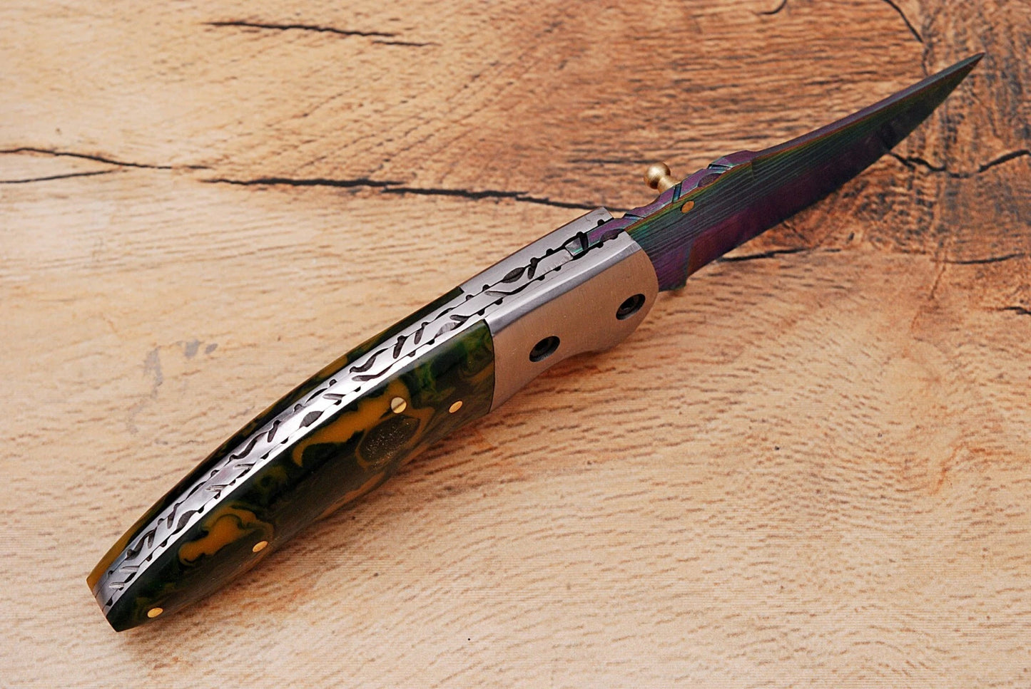 Handmade 512-Layer Damascus Steel Folding Pocket Knife with Resin Handle & Leather Sheath