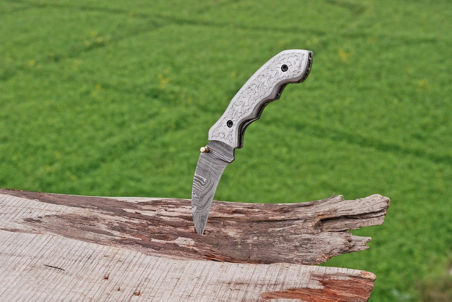 Hand Forged Damascus Steel Folding Pocket Knife with Steel Engraved Handle – 512 Layers EDC Knife with Leather Sheath