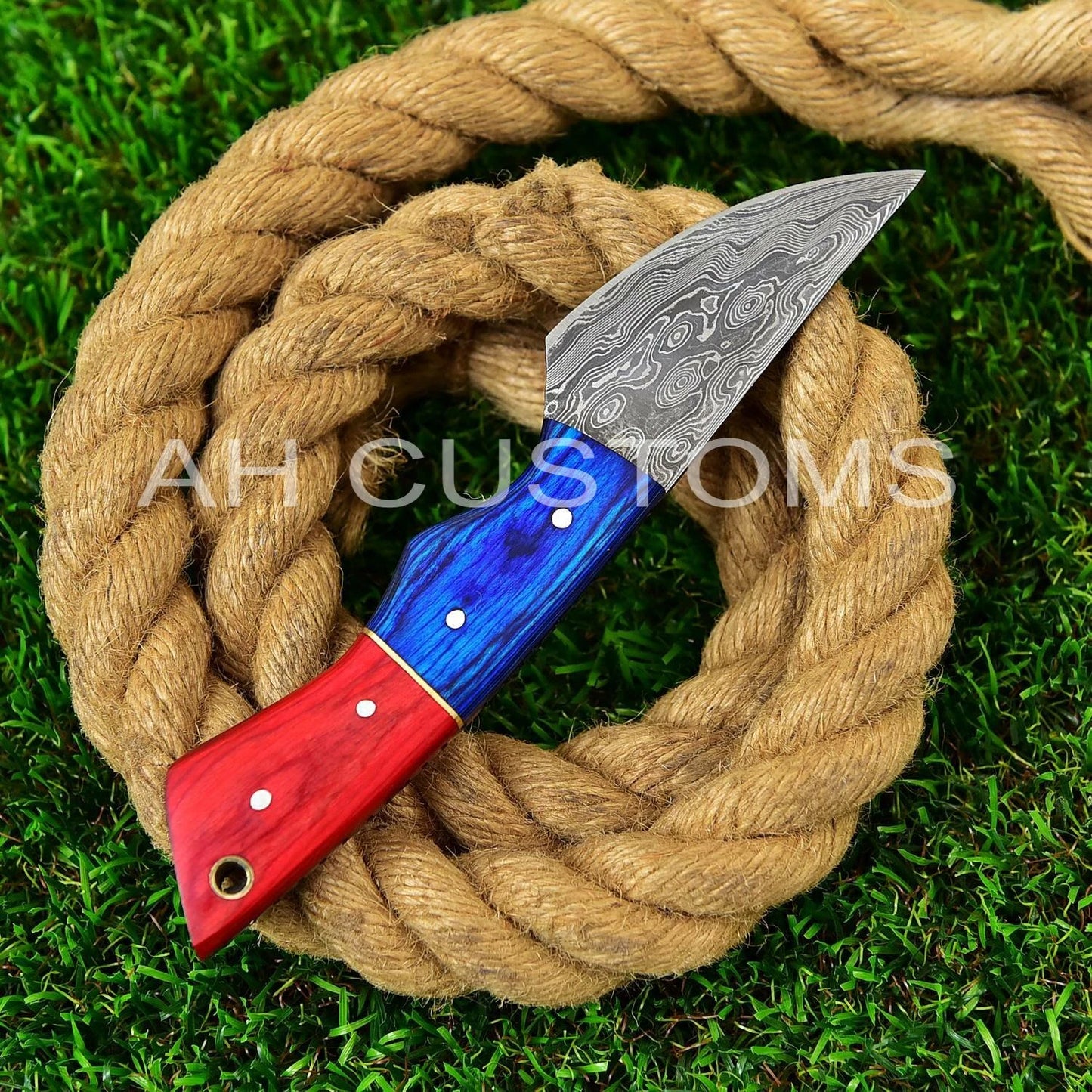 Hand Forged Damascus Steel Fixed Blade Tool with Wood Handle – 512 Layers Compact Utility Tool with Leather Sheath