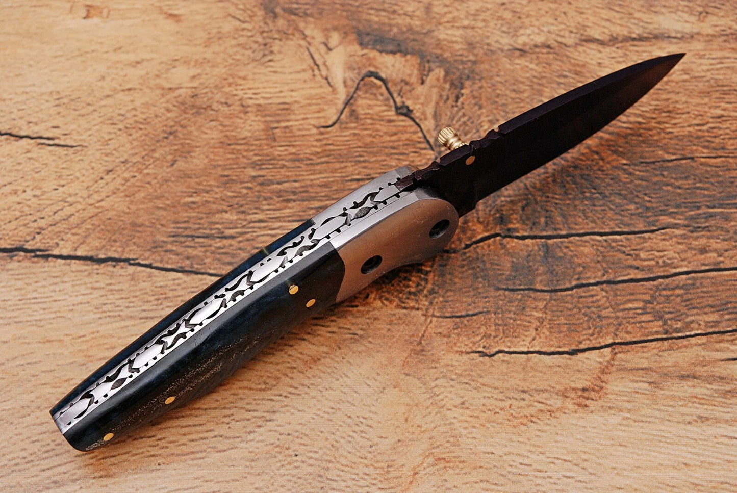 Handmade 512-Layer Damascus Steel Folding Pocket Knife with Bone Handle & Leather Sheath