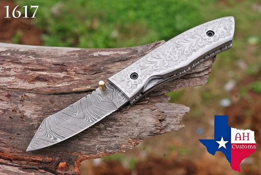 Hand Forged Damascus Steel Folding Pocket Knife with Steel Engraved Handle – 512 Layers EDC Knife with Leather Sheath