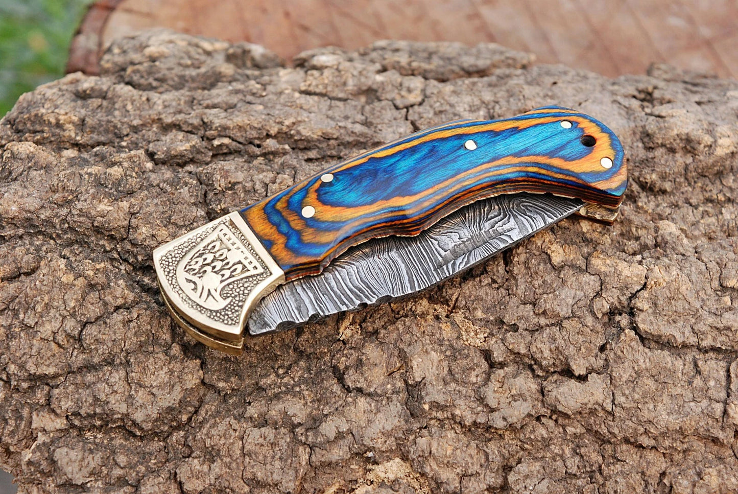 Handmade 512-Layer Damascus Steel Folding Pocket Knife with Wood Handle & Leather Sheath