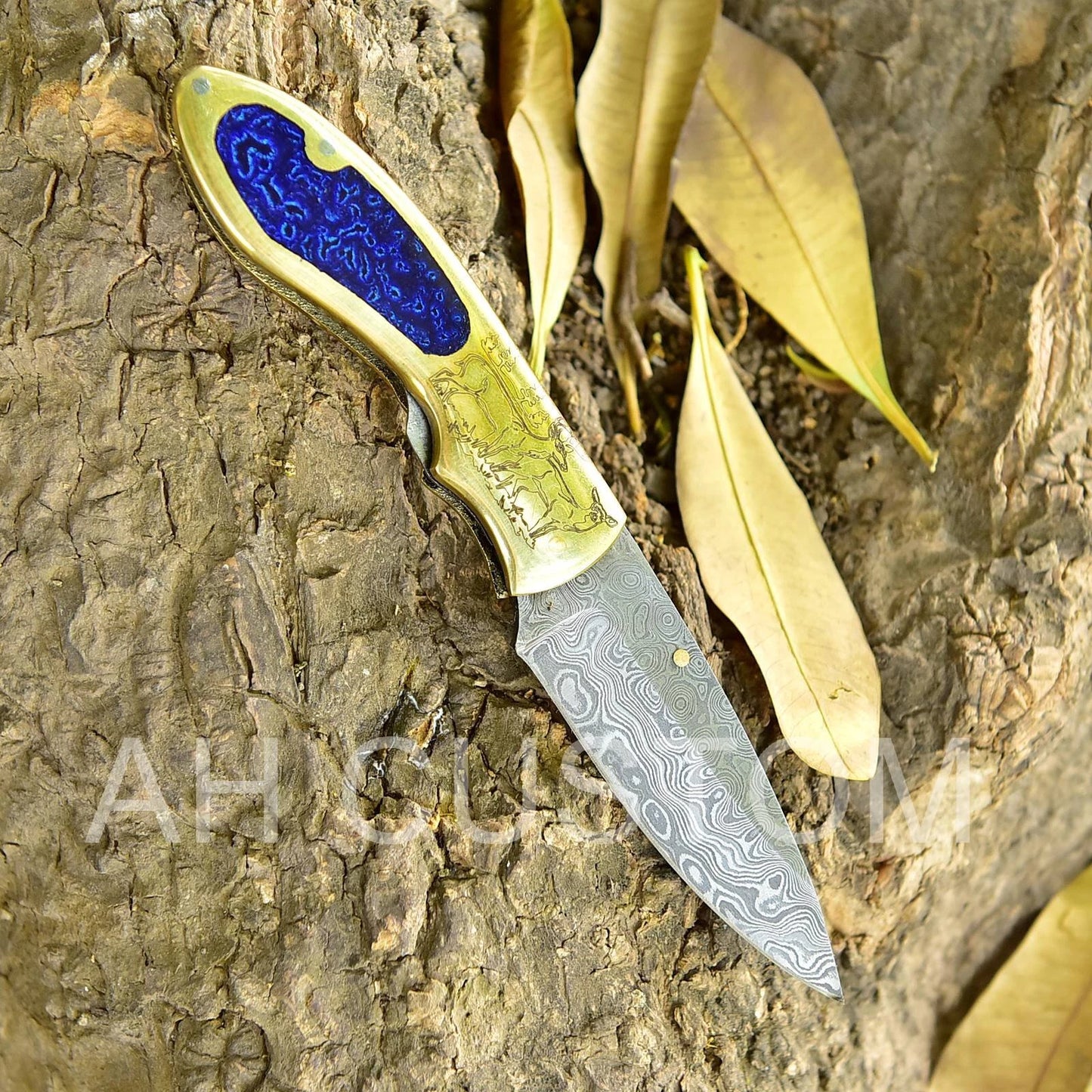 Premium Custom Handmade Damascus Folding Pocket Knife – Brass Handle | 512 Layers | Leather Sheath Included