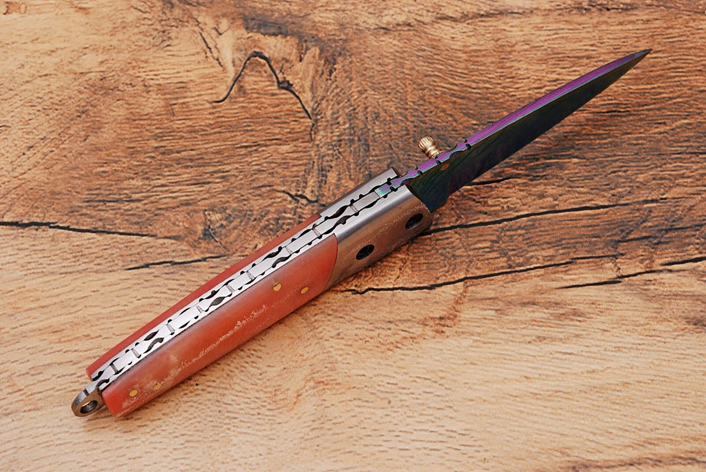 Handmade 512-Layer Damascus Steel Folding Pocket Knife with Bone Handle & Leather Sheath