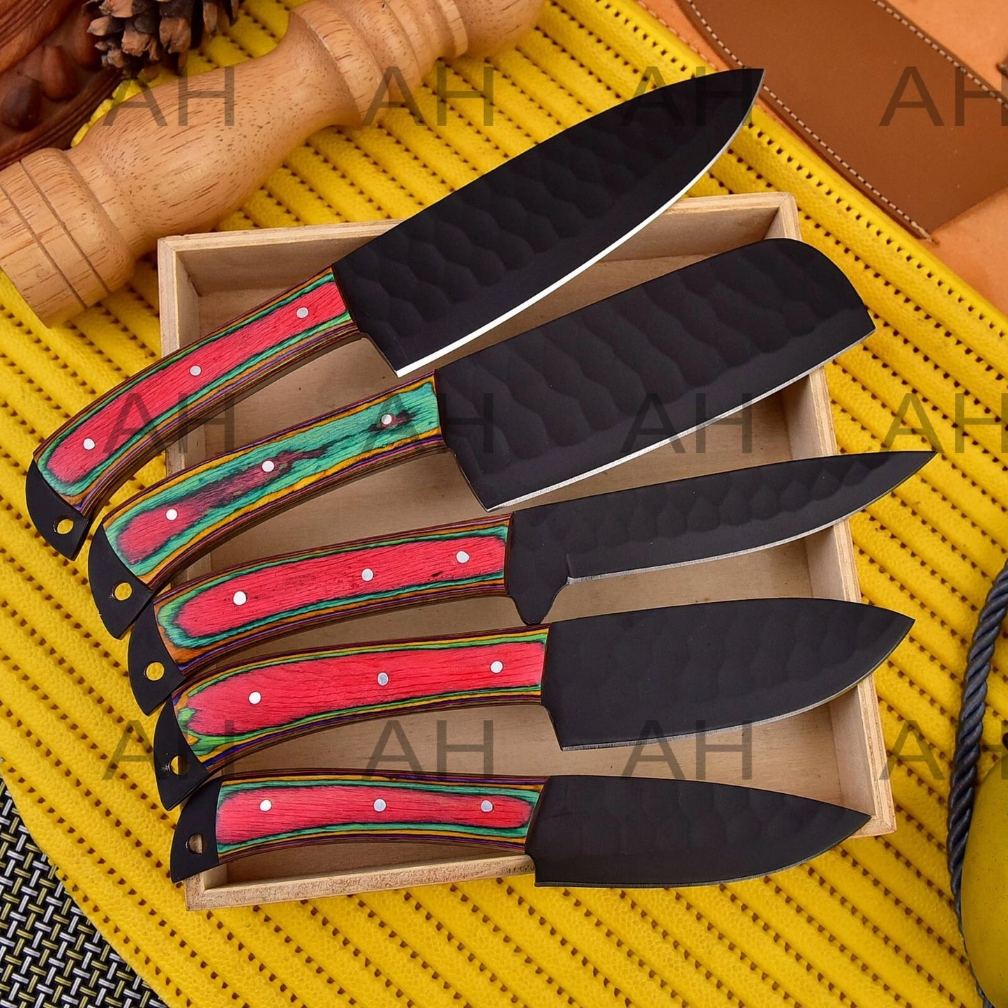 Custom Handmade Carbon Steel Chef Knife Set – 5 Piece Kitchen Knives with Leather Sheath