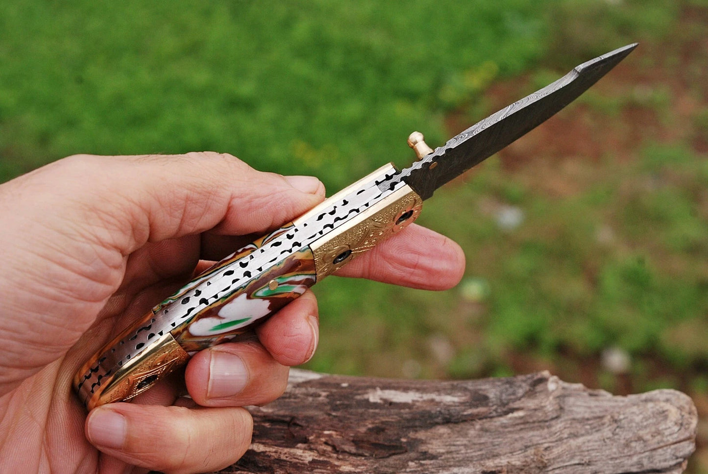 Hand Forged Damascus Steel Folding Pocket Knife with Risen & Bolster Handle – 512 Layers EDC Knife with Leather Sheath 1596