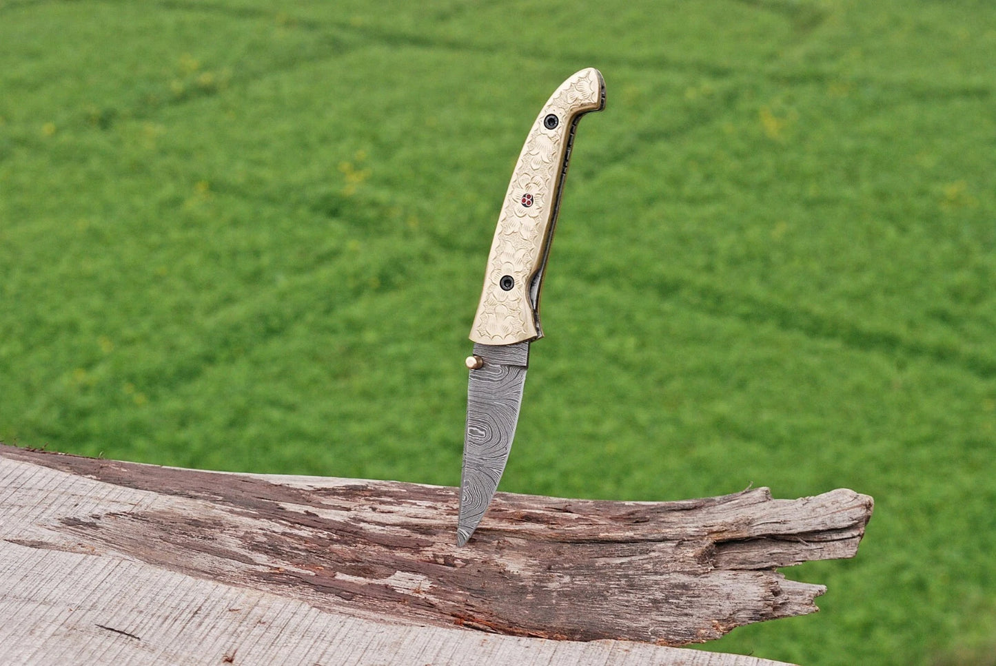 Hand Forged Damascus Steel Folding Pocket Knife with Brass Engraved Handle – 512 Layers EDC Knife with Leather Sheath