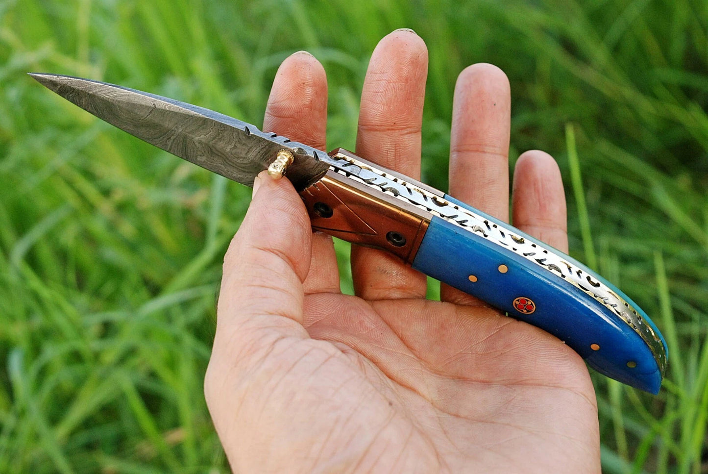 Handmade 512-Layer Damascus Steel Folding Pocket Knife with Bone & Copper Bolster Handle – Leather Sheath