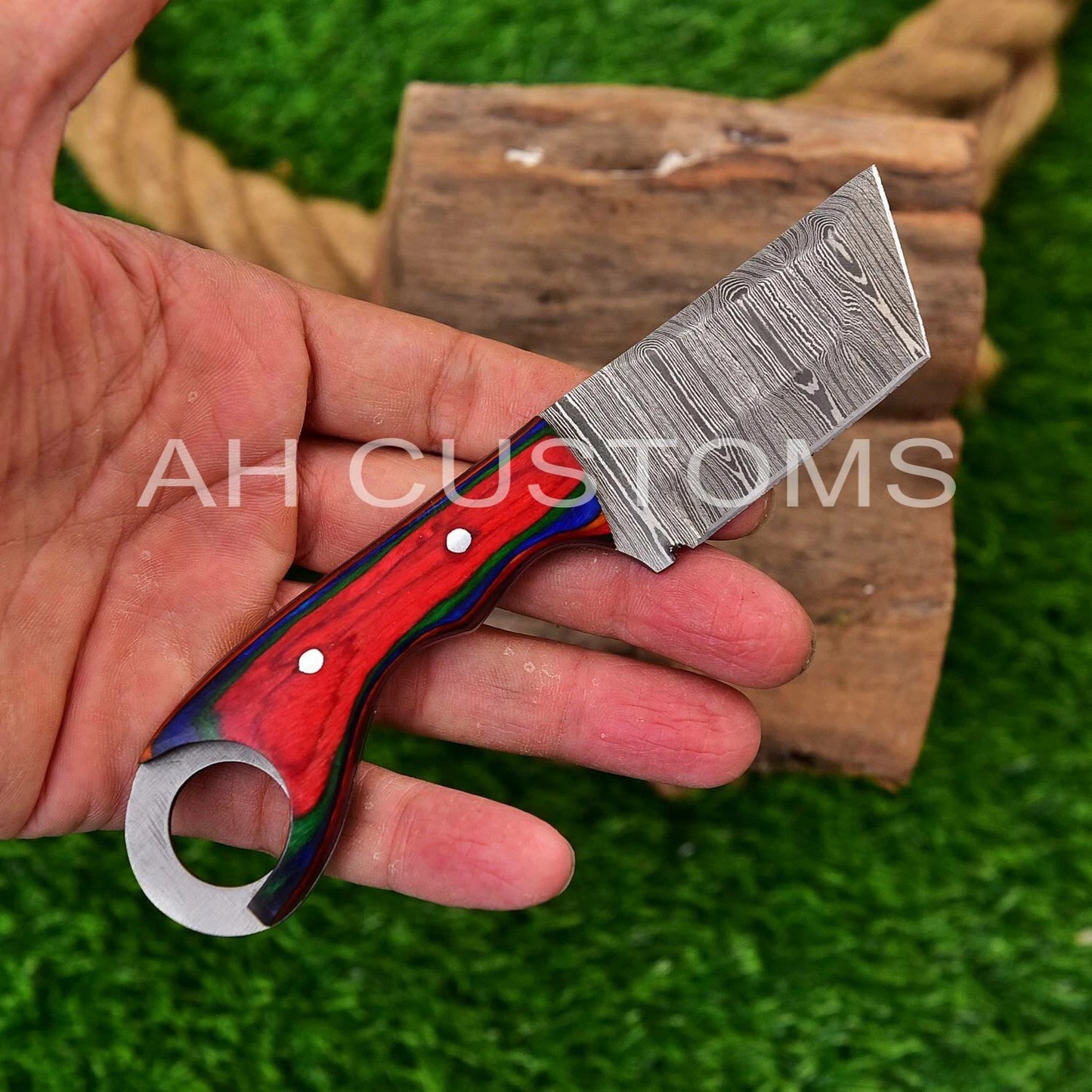 Custom Hand-Forged Damascus Steel Compact Utility Tool with Wood Handle – 512 Layers Handmade Collectible with Leather Sheath