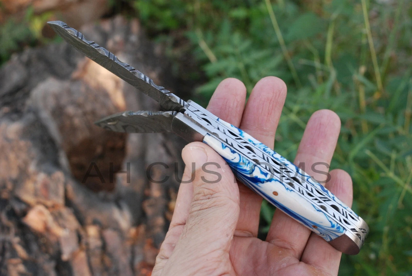 Custom Handmade 512-Layer Damascus Steel Double Blade Trapper Folding Pocket Knife with Resin Handle & Leather Sheath