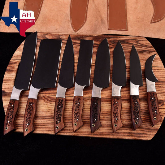 Hand Forged Carbon Steel Chef Set Everyday Carry Anniversary Gift For Him Groomsmen Gift Gift For A Chef With Engraved Wood Handle 2430