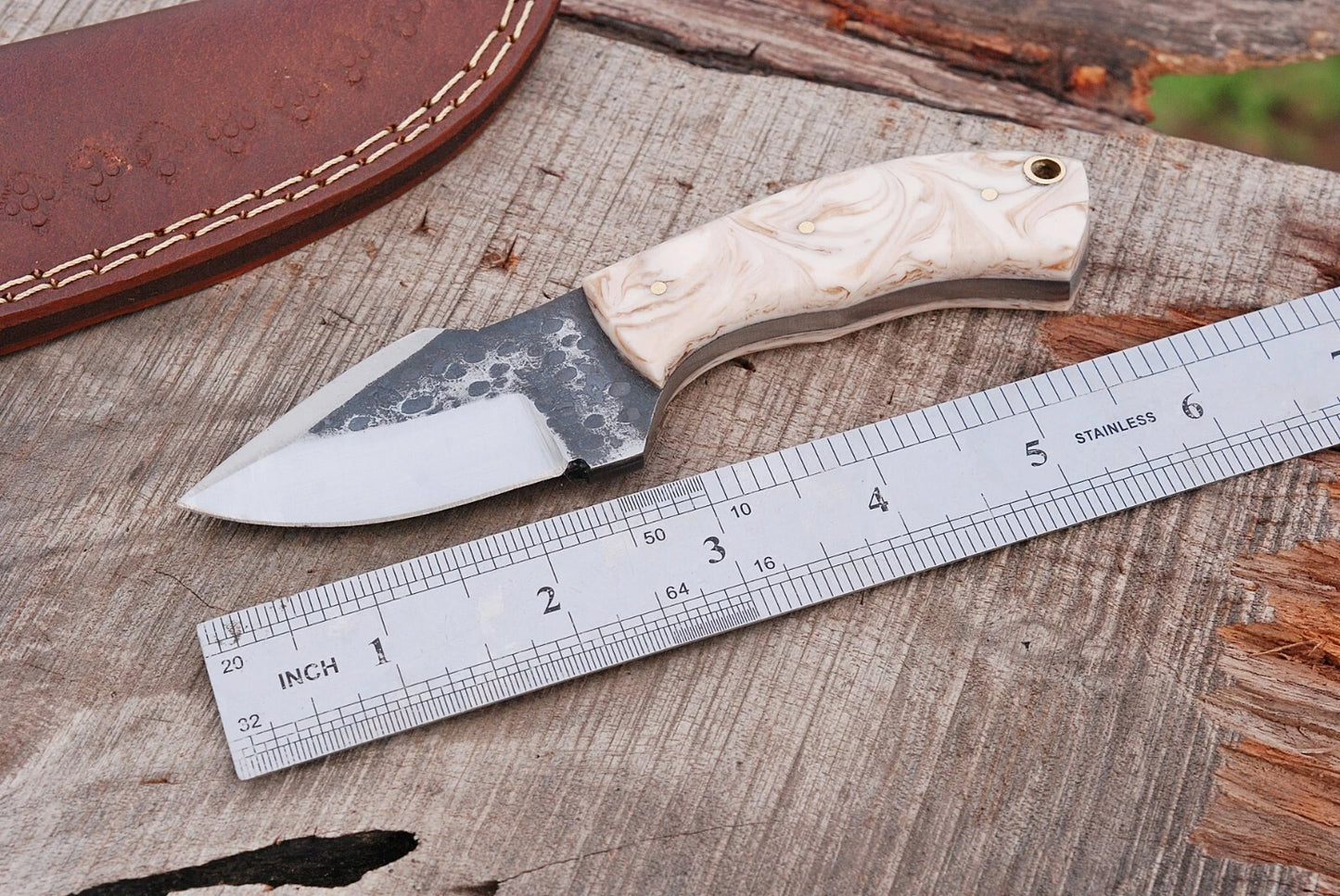 Handmade Railroad Spike Carbon Steel Utility Knife with Resin Handle & Leather Sheath