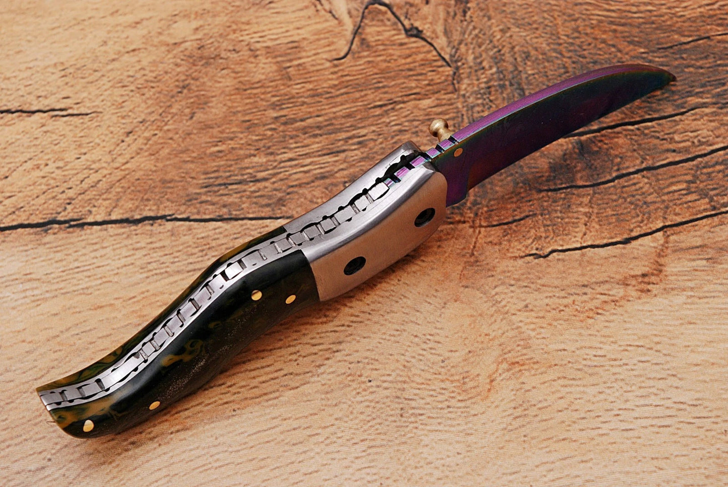 Handmade 512-Layer Damascus Steel Folding Pocket Knife with Resin Handle & Leather Sheath