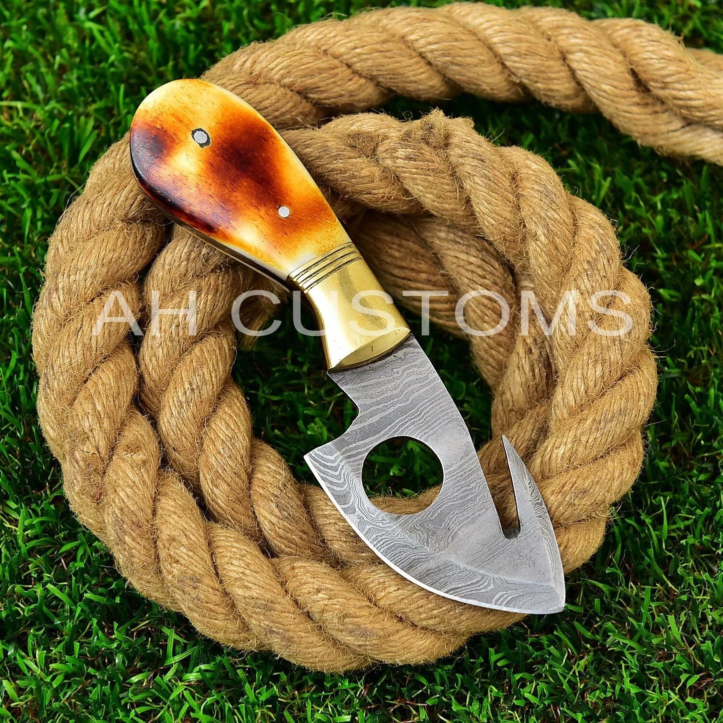 Hand Forged Damascus Steel Gut Hook Style Fixed Blade Knife with Bone Handle & Leather Sheath – 512 Layers Compact Outdoor & EDC Knife