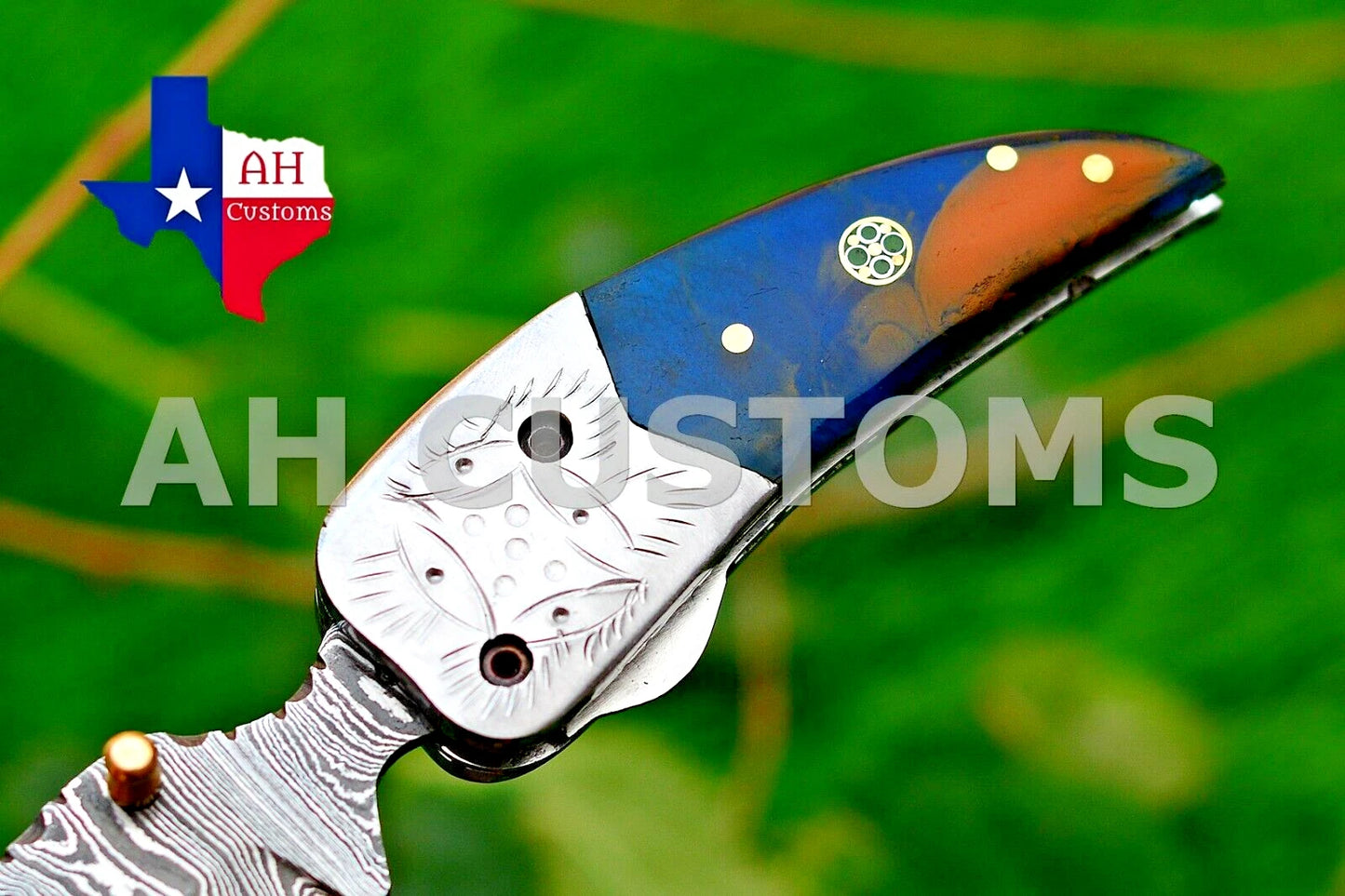 Handmade 512-Layer Damascus Steel Folding Pocket Knife with Resin Handle & Leather Sheath