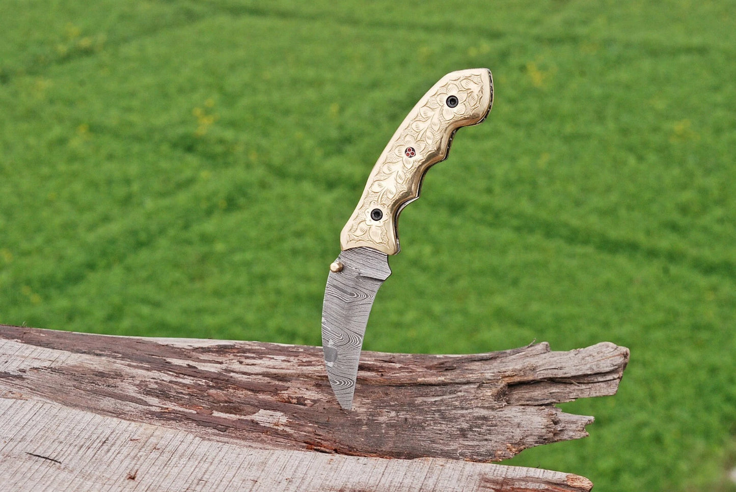Handmade 512-Layer Damascus Steel Folding Pocket Knife with Engraved Brass Handle & Leather Sheath