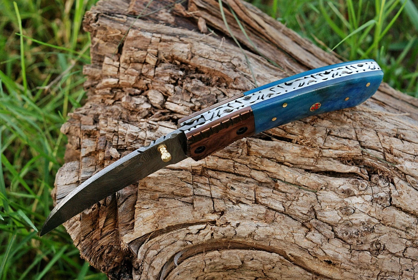 Custom Handmade 512-Layer Damascus Steel Folding Pocket Knife with Bone & Copper Bolster Handle – Leather Sheath