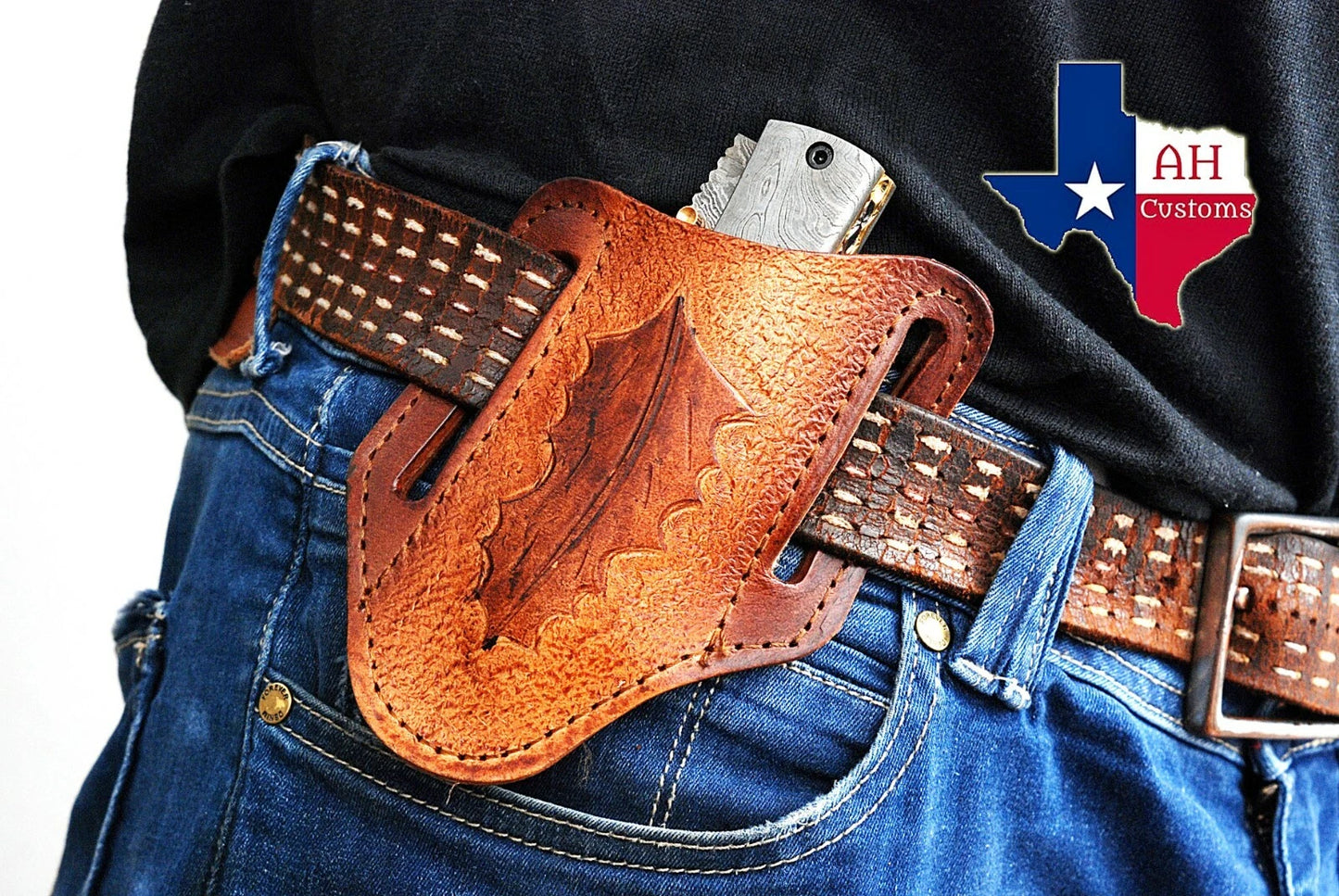 Handmade Engraved Leather Horizontal Sheath for Folding Pocket Knife – Universal 5 Inch Cover
