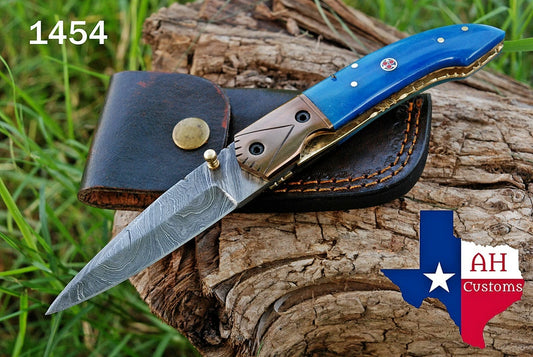 Handmade 512-Layer Damascus Steel Folding Pocket Knife with Bone & Copper Bolster Handle – Leather Sheath