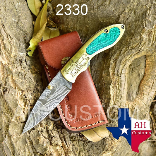 Custom Handmade Damascus Steel Folding Pocket Knife with Brass Handle – 512 Layers EDC Knife with Leather Sheath 2330
