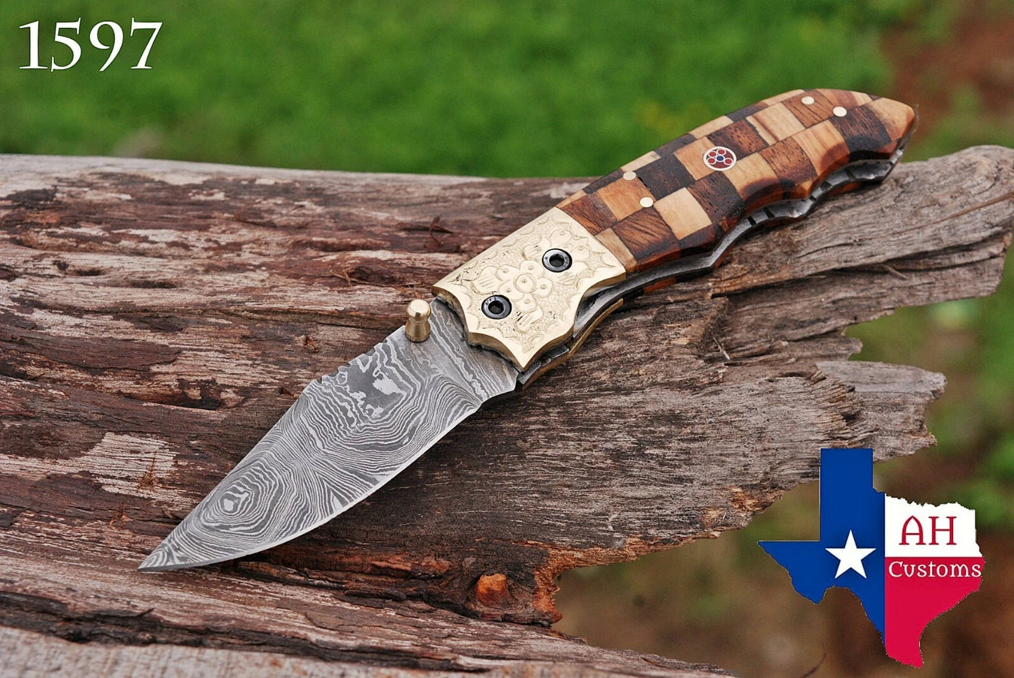 Hand Forged Damascus Steel Folding Pocket Knife with Wood & Bolster Handle – 512 Layers EDC Knife with Leather Sheath 1597