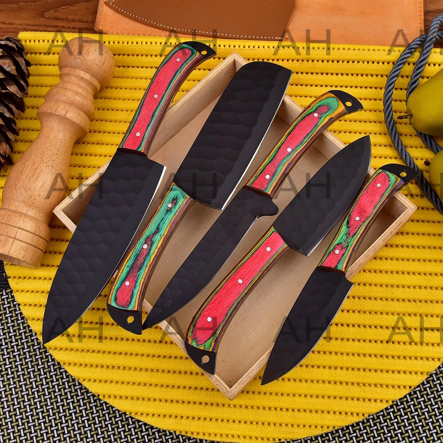 Custom Handmade Carbon Steel Chef Knife Set – 5 Piece Kitchen Knives with Leather Sheath